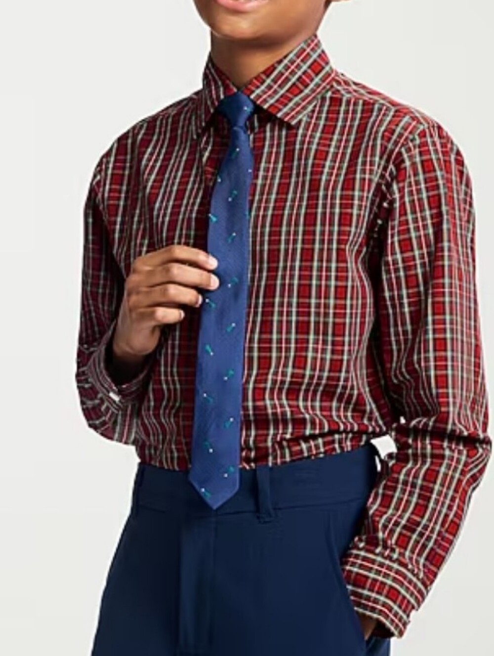TFW Boys' Red Plaid Long Sleeve Point Collar Dress Shirt And Tie Set